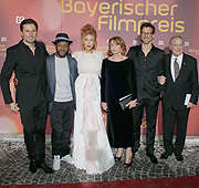 Bayerischer Filmpreis 2016:  Regisseur Simon Verhoeven (v-l), die Schauspieler Eric Kabongo, Palina Rojinski, Senta Berger, Florian David Fitz und der Regisseur Michael Verhoeven (&copy;Foto. Martin Schmitz)